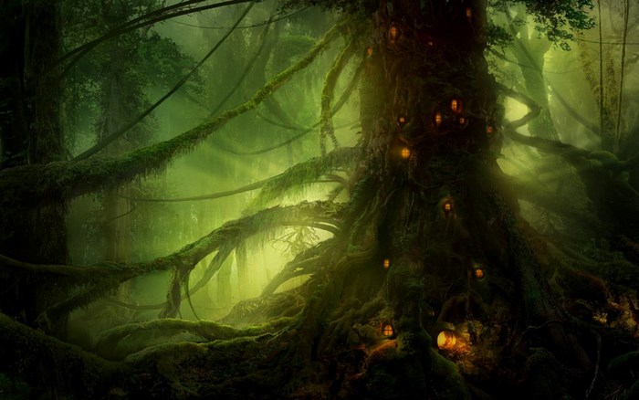 Enchanted forest with glowing treehouses