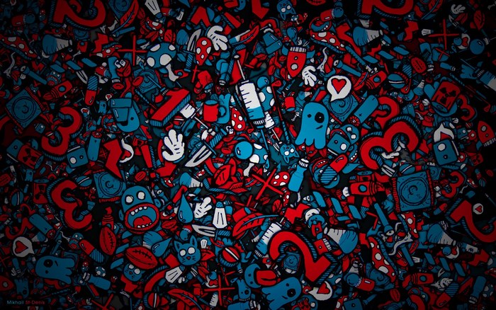 Abstract doodle art with red and blue cartoon characters