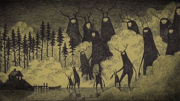 Creepy forest creatures by a lake with a cabin