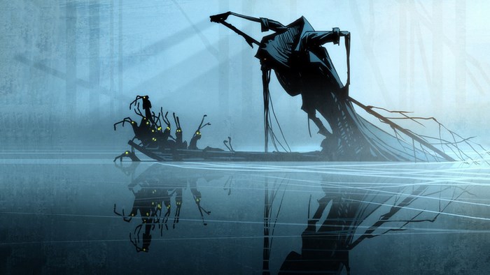 Creepy figures on a boat reflected in water