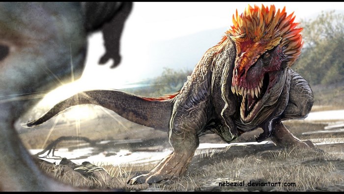 Dinosaur with fiery crest in a prehistoric landscape