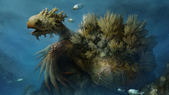 Giant turtle with coral and fish underwater