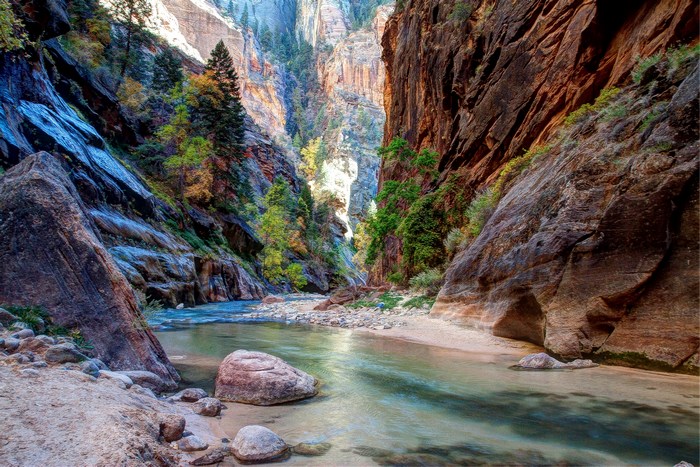 River flowing through a canyon with colorful foliage