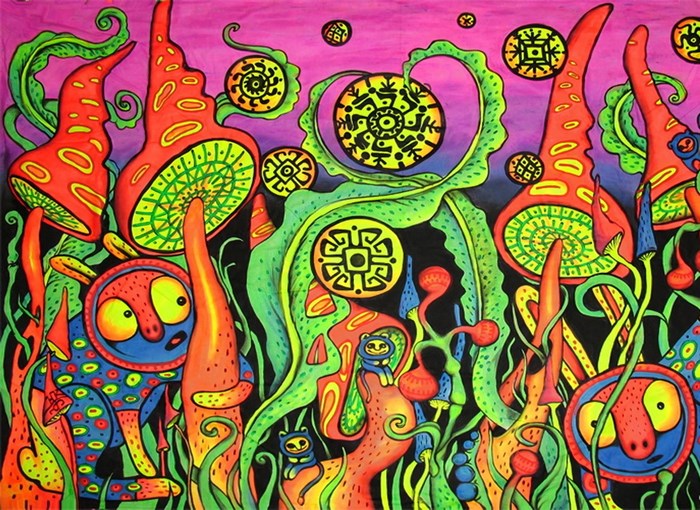 Psychedelic fantasy landscape with creatures and mushrooms