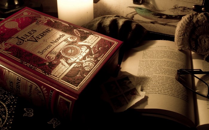 Jules Verne Seven Novels book and open book