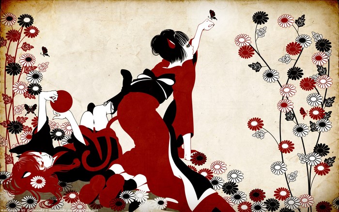 Two geishas with flowers and butterflies