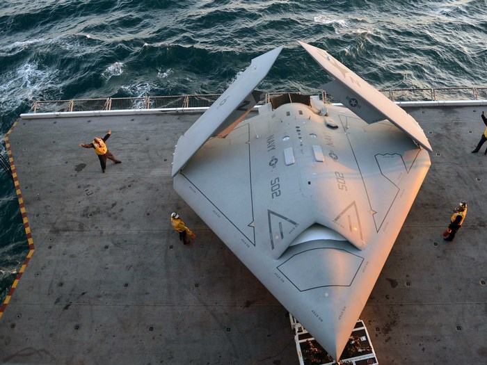 Northrop Grumman X-47B drone on aircraft carrier deck
