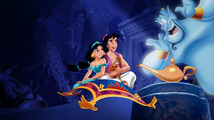 Aladdin, Jasmine, Genie, and Abu on a magic carpet