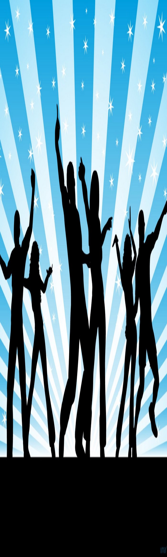 Silhouettes of people dancing against a blue starburst background
