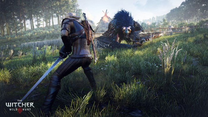 Geralt of Rivia from The Witcher 3 Wild Hunt fighting a monster