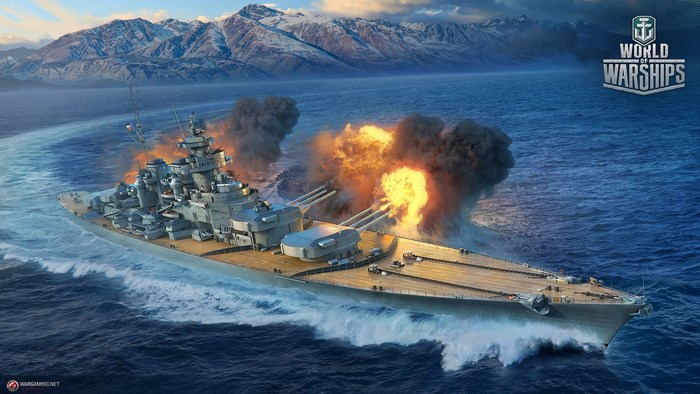 Battleship firing cannons in World of Warships