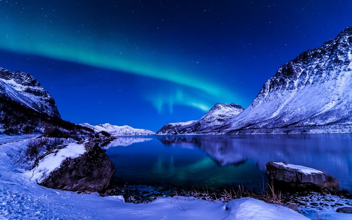 Northern Lights Over Snowy Mountain Lake