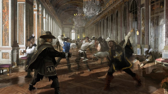 Fencing duel in a grand hall