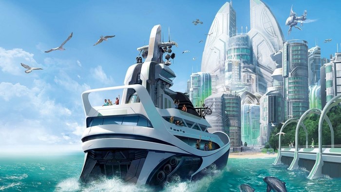 Anno 2070 game yacht futuristic city dolphins