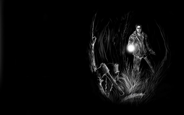 Alan Wake in a dark forest with a flashlight