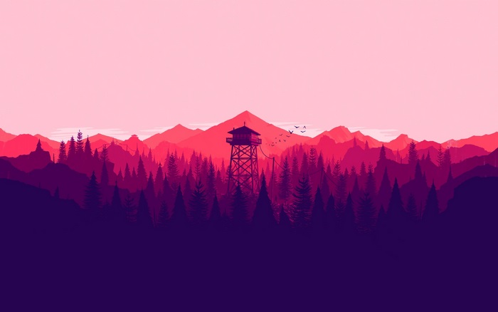 Fire lookout tower in a minimalist mountain forest