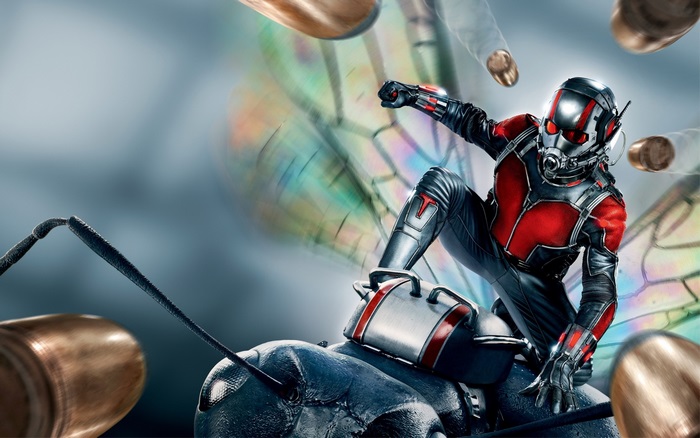 Ant-Man riding an ant with bullets flying