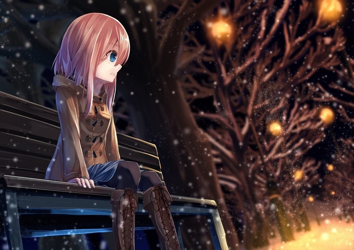 Anime girl sitting on a bench in winter