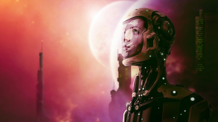 Robot in futuristic city with large moon