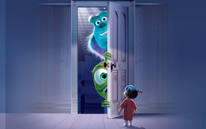 Monsters, Inc. Sulley, Mike, and Boo peeking through door