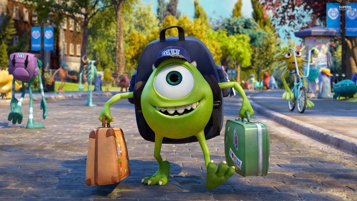 Mike Wazowski from Monsters University with luggage