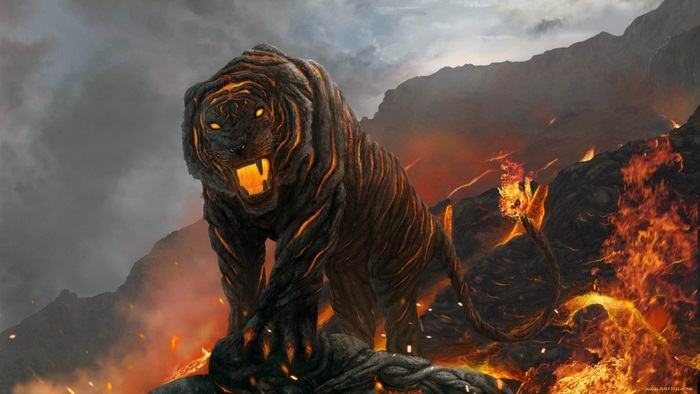 Fiery Lava Tiger Roaring on Volcanic Rocks