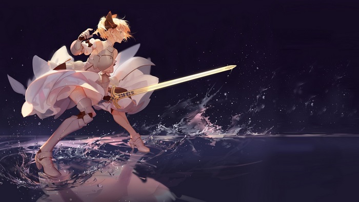 Anime girl with sword on water