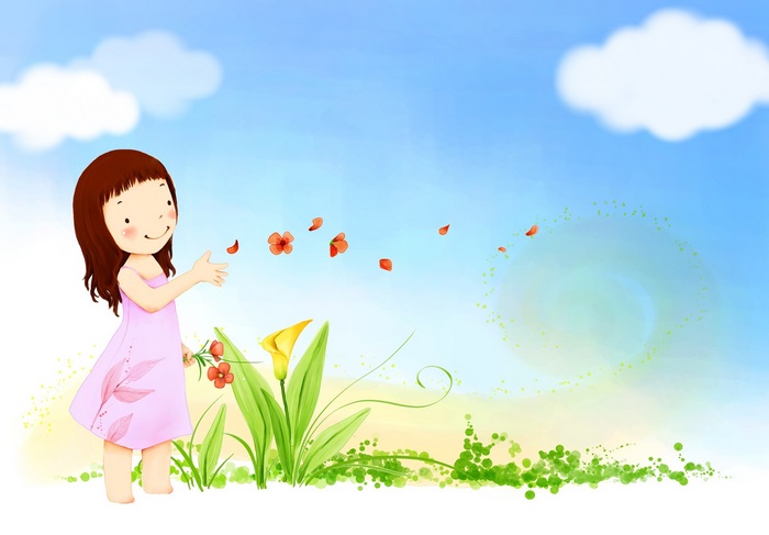 Cute girl throwing flowers in a field