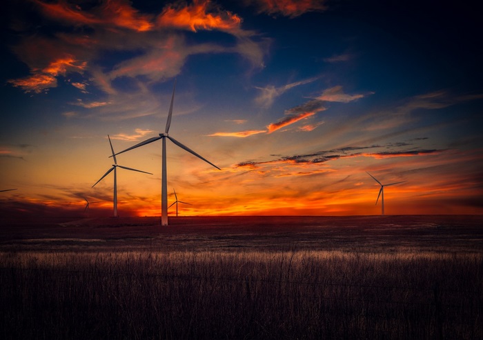 Wind turbines at sunset
