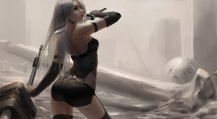 2B from Nier: Automata with hammer and knife