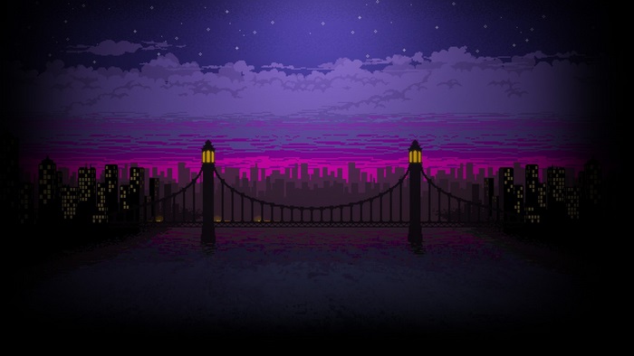 Pixel art cityscape with bridge at night