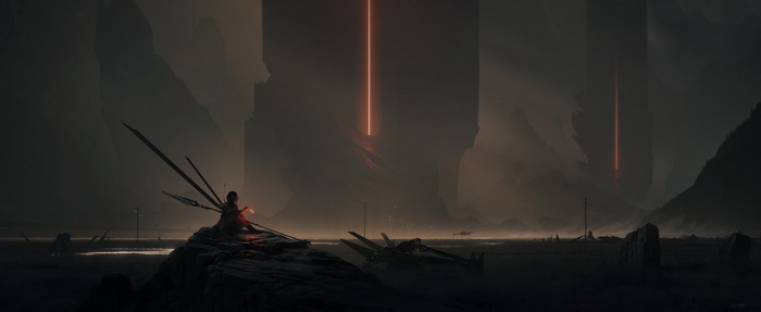 Sci-fi landscape with winged figure and glowing pillars