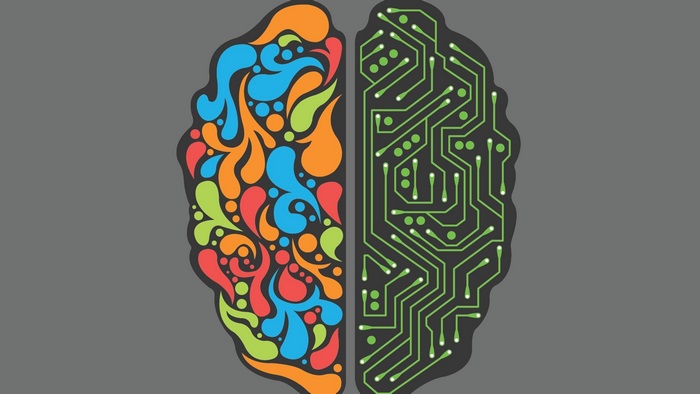 4K image of a brain split into abstract art and circuitry