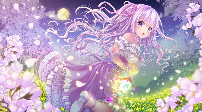 4K Anime Girl in Lavender Dress Under Moonlight