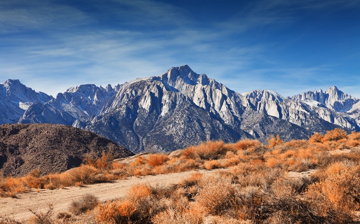 Mountain range with dry brush in foreground