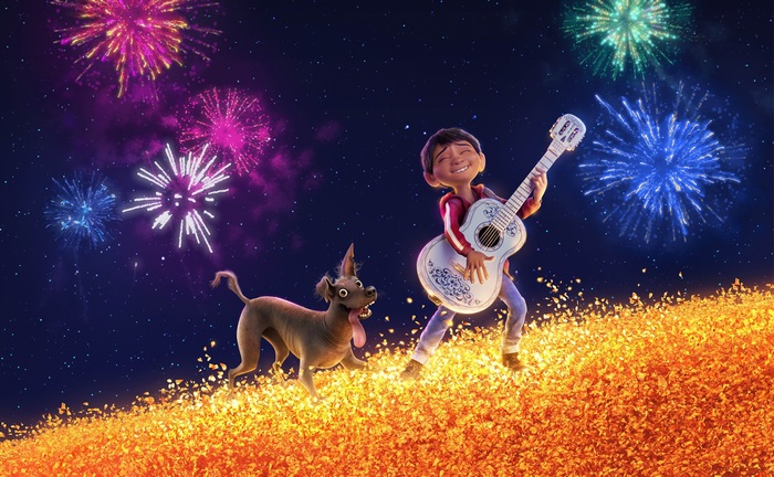 Miguel and Dante from Coco with fireworks