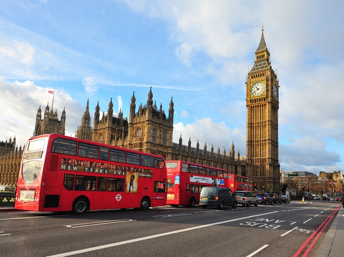 Big Ben and Parliament with Red Buses in London