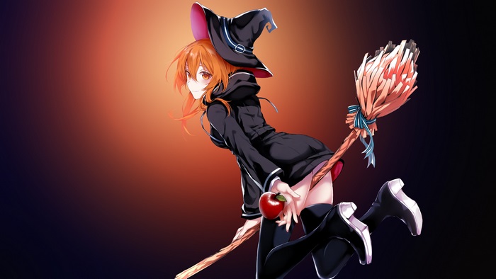 4K Anime Girl Witch Flying on Broomstick