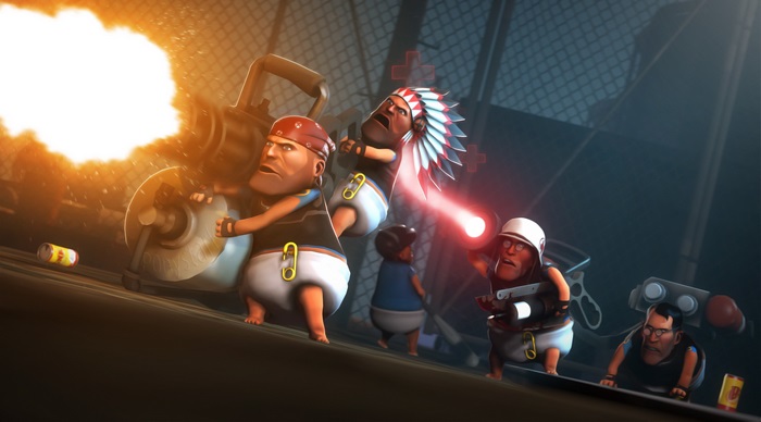 Team Fortress 2 characters firing a Gatling gun