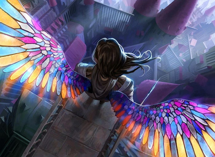 Angel with stained glass wings overlooking a city