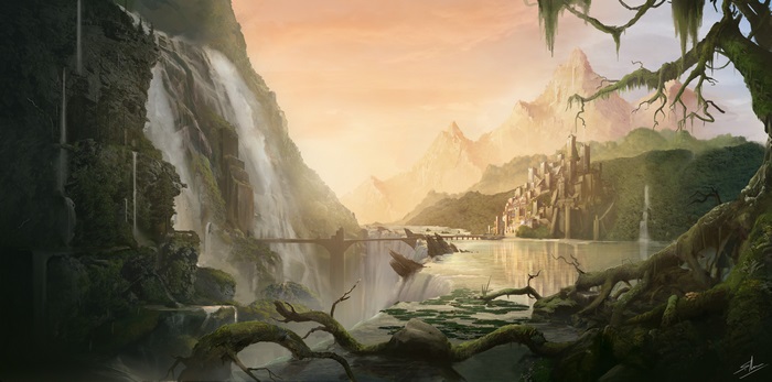 Fantasy city with waterfalls and mountains 4K
