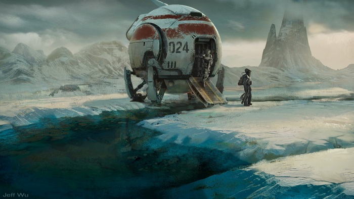 Astronauts and vehicle on icy planet
