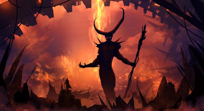 Demon with horns and a staff in a fiery landscape 4K