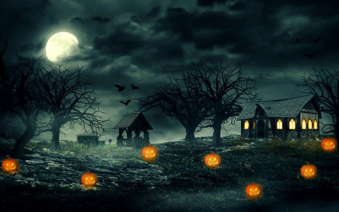 Halloween Night with Pumpkins and Haunted House 4K
