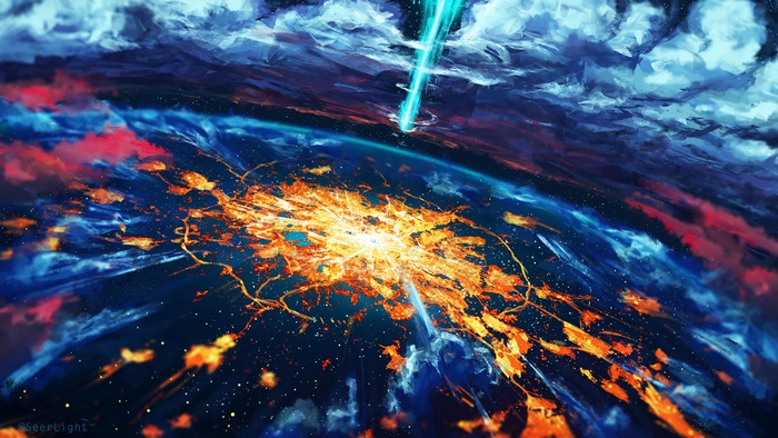 Earth city lights and beam from space 4K