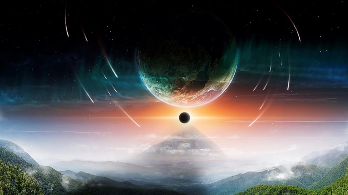 Planetary collision with meteor shower over mountains