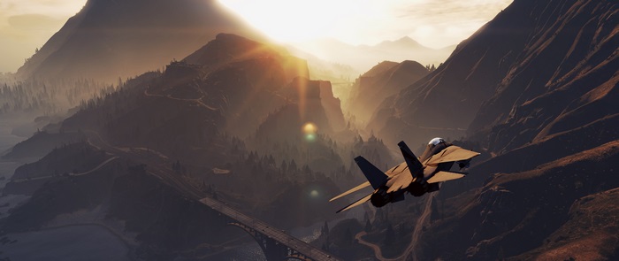 Fighter jet flying over mountains in Grand Theft Auto V 4K