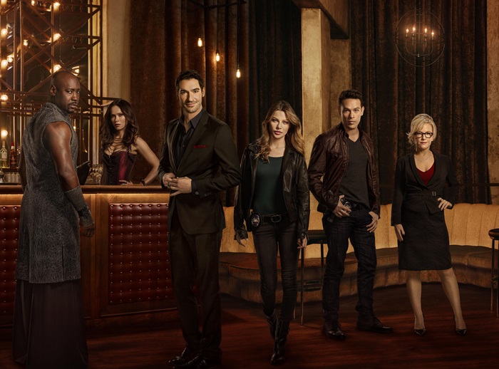 Lucifer characters in a bar