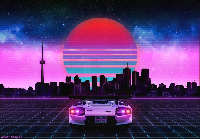 Retro wave 4K car and city skyline