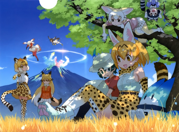Kemono Friends characters near a volcano